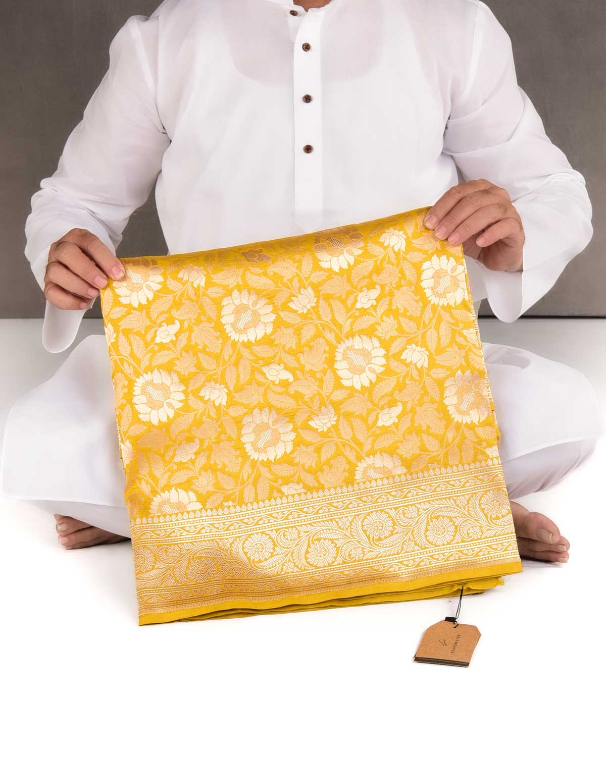 Mustard Yellow Gold Zari Floral Jaal Cutwork Brocade Handwoven Katan Silk Banarasi Saree-HolyWeaves