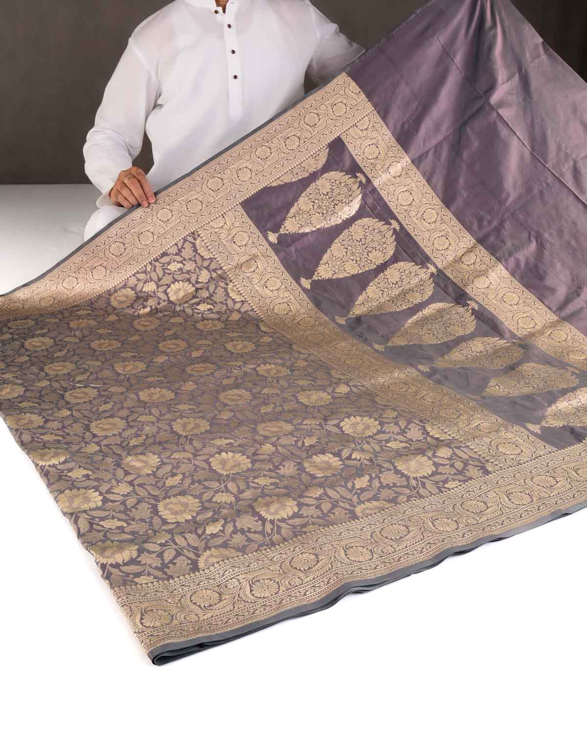 Blush Gray Gold Zari Floral Jaal Cutwork Brocade Handwoven Katan Silk Banarasi Saree-HolyWeaves