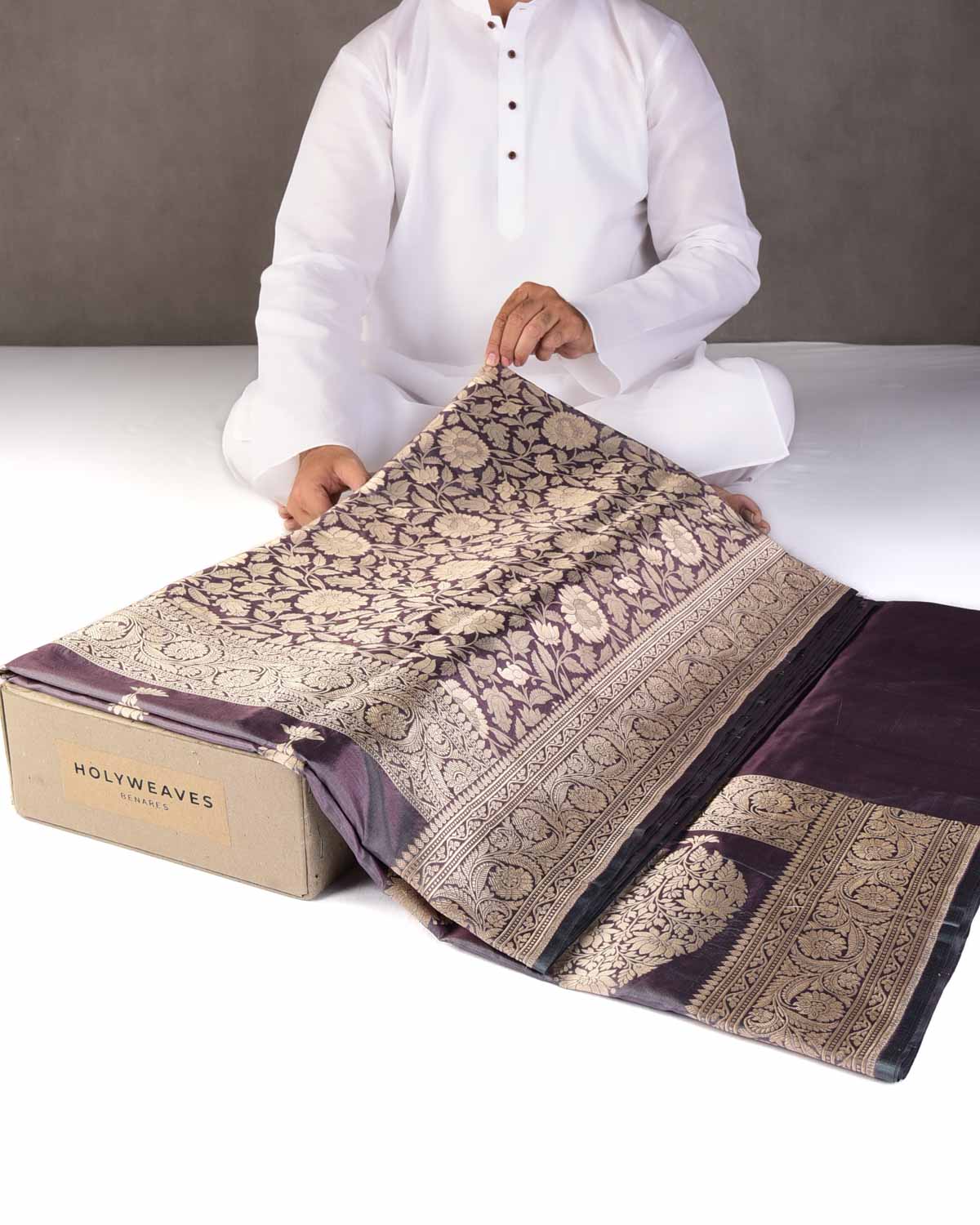 Blush Gray Gold Zari Floral Jaal Cutwork Brocade Handwoven Katan Silk Banarasi Saree-HolyWeaves
