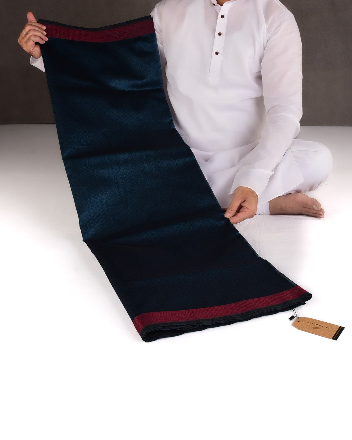 Prussian Blue Herringbone WATERMARK Tanchoi Handwoven Kora Silk Banarasi Saree with Maroon Border Pallu-HolyWeaves