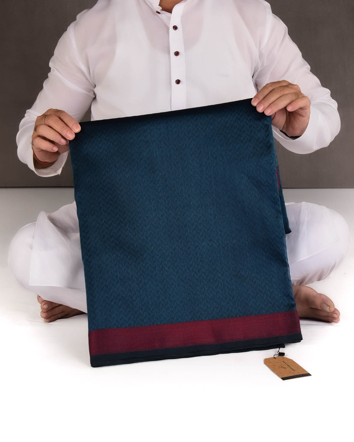 Prussian Blue Herringbone WATERMARK Tanchoi Handwoven Kora Silk Banarasi Saree with Maroon Border Pallu-HolyWeaves