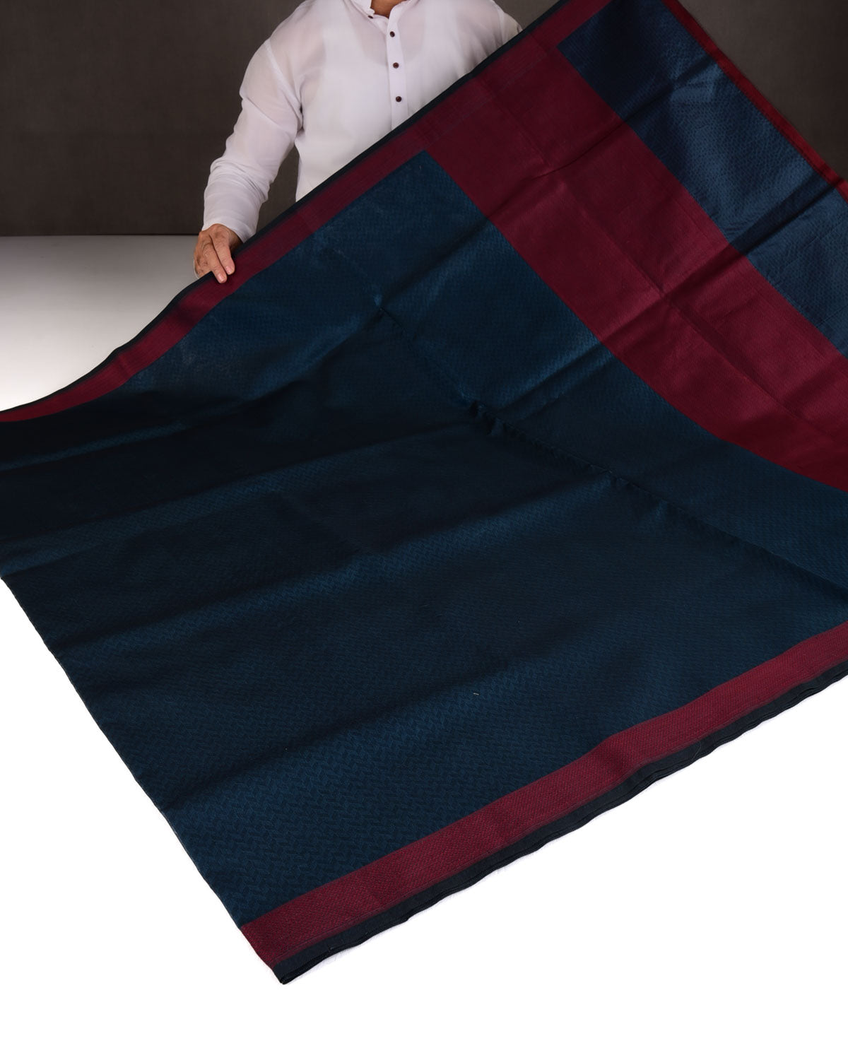 Prussian Blue Herringbone WATERMARK Tanchoi Handwoven Kora Silk Banarasi Saree with Maroon Border Pallu-HolyWeaves