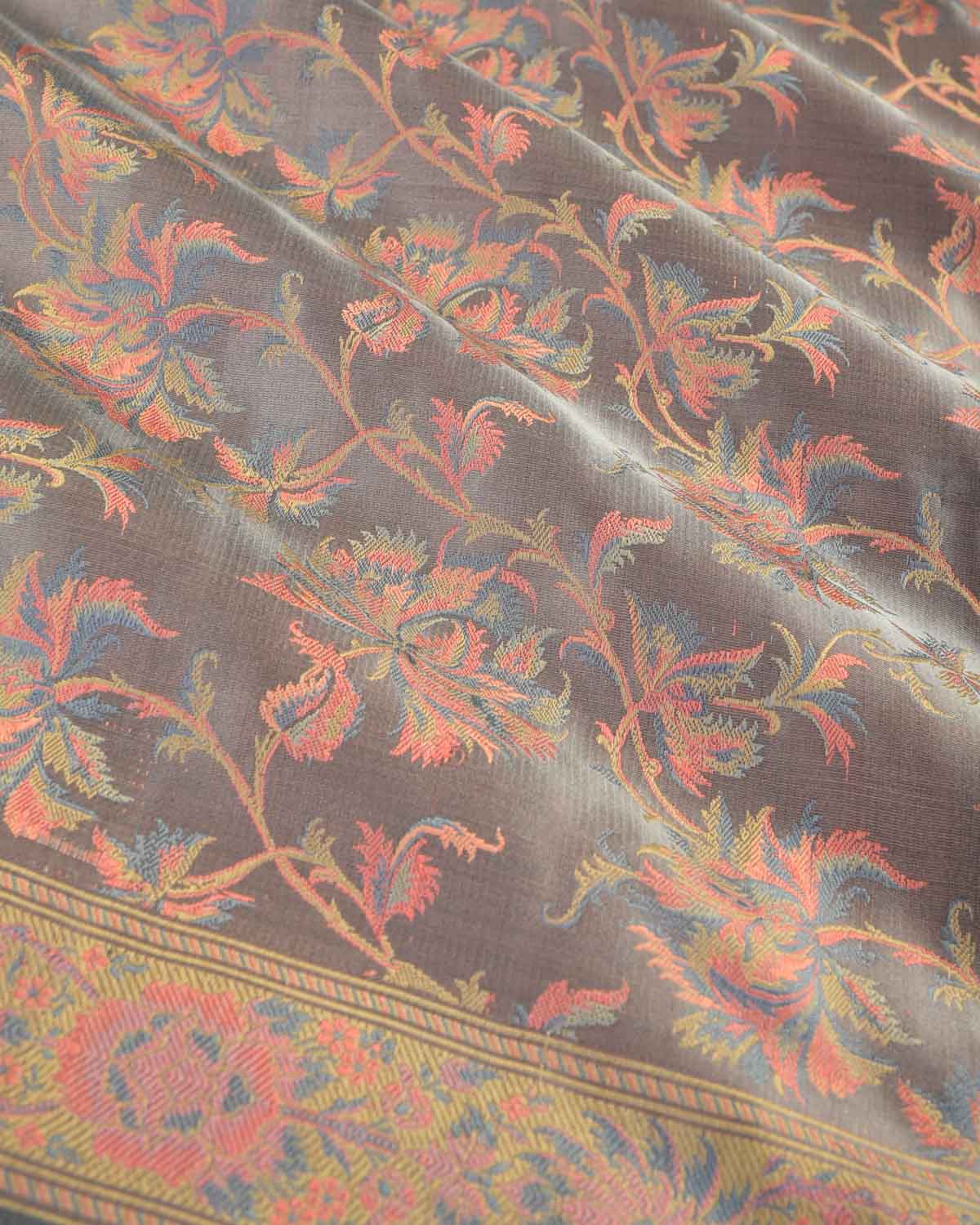 Gray Tehra Floral Jaal Jamawar Handwoven Katan Silk Banarasi Saree-HolyWeaves