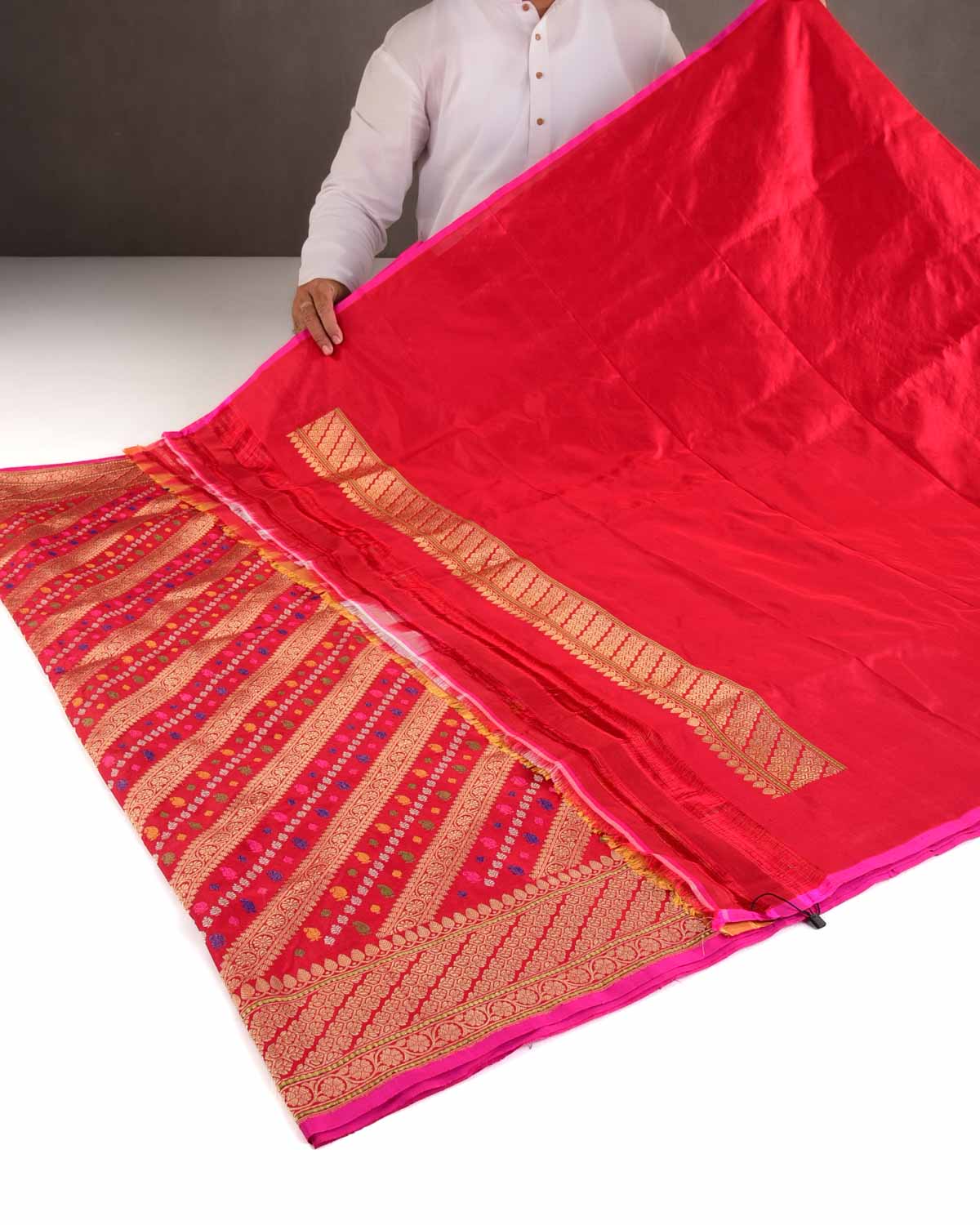 Bridal Red Gold Silver Zari and Resham Diagonal Stripes Kadhuan Brocade Handwoven Katan Silk Banarasi Saree-HolyWeaves