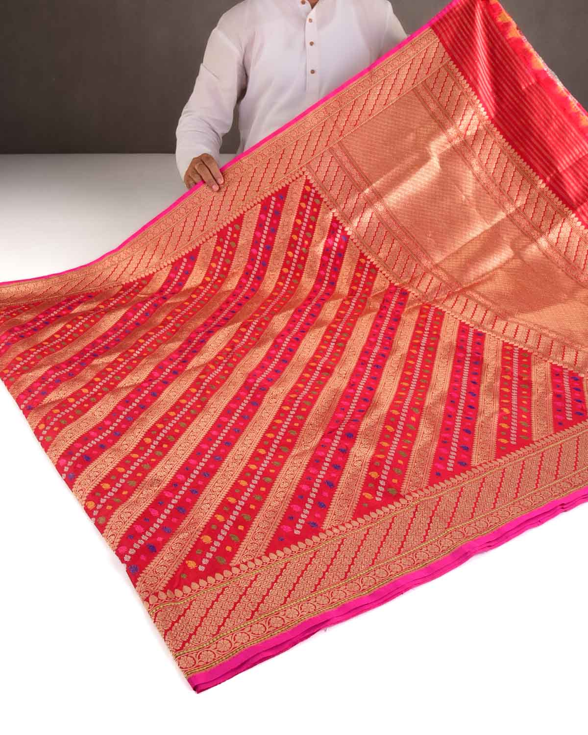 Bridal Red Gold Silver Zari and Resham Diagonal Stripes Kadhuan Brocade Handwoven Katan Silk Banarasi Saree-HolyWeaves