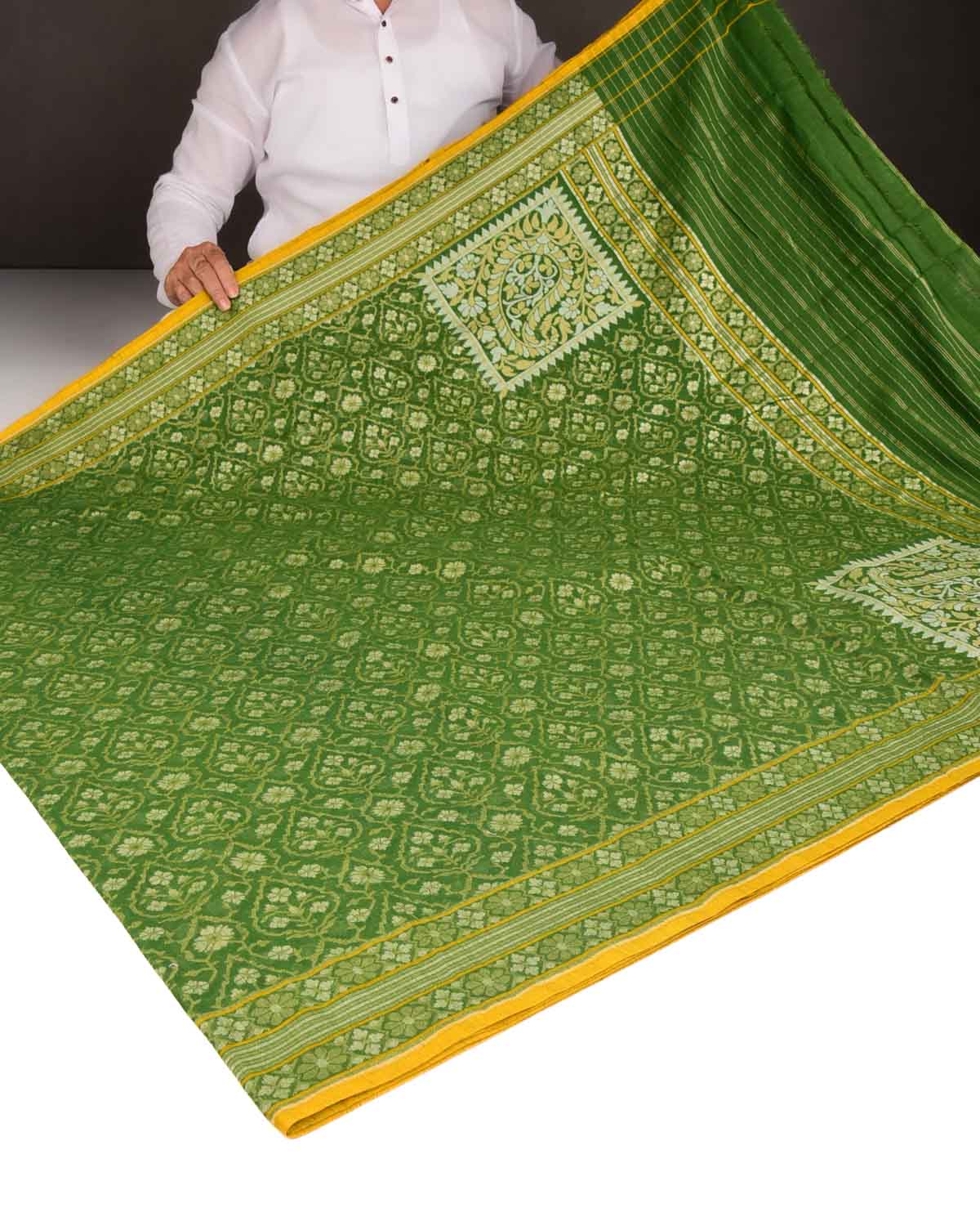 Green Haritambari Gold & Silver Zari Jaal Cutwork Brocade Handwoven Cotton Banarasi Saree with Koniya Buta-HolyWeaves