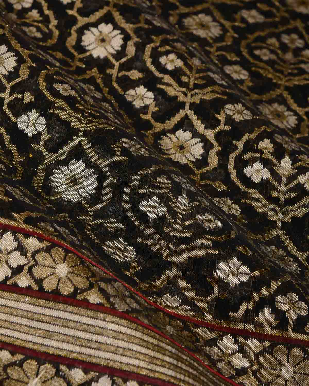 Black Krishnambari Gold & Silver Zari Jaal Cutwork Brocade Handwoven Cotton Banarasi Saree with Koniya Buta-HolyWeaves