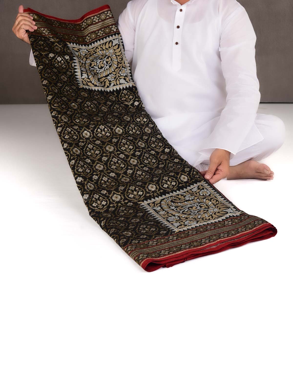 Black Krishnambari Gold & Silver Zari Jaal Cutwork Brocade Handwoven Cotton Banarasi Saree with Koniya Buta-HolyWeaves