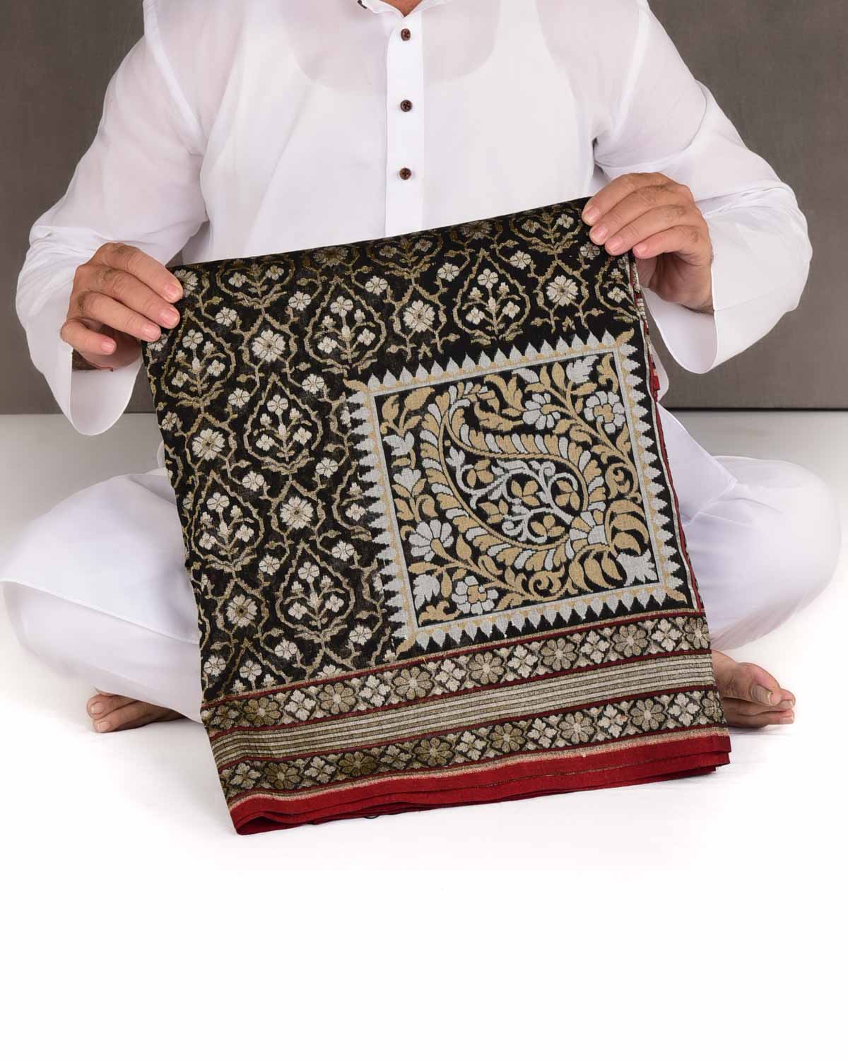 Black Krishnambari Gold & Silver Zari Jaal Cutwork Brocade Handwoven Cotton Banarasi Saree with Koniya Buta