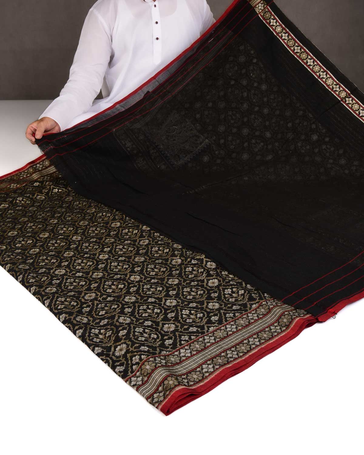 Black Krishnambari Gold & Silver Zari Jaal Cutwork Brocade Handwoven Cotton Banarasi Saree with Koniya Buta-HolyWeaves