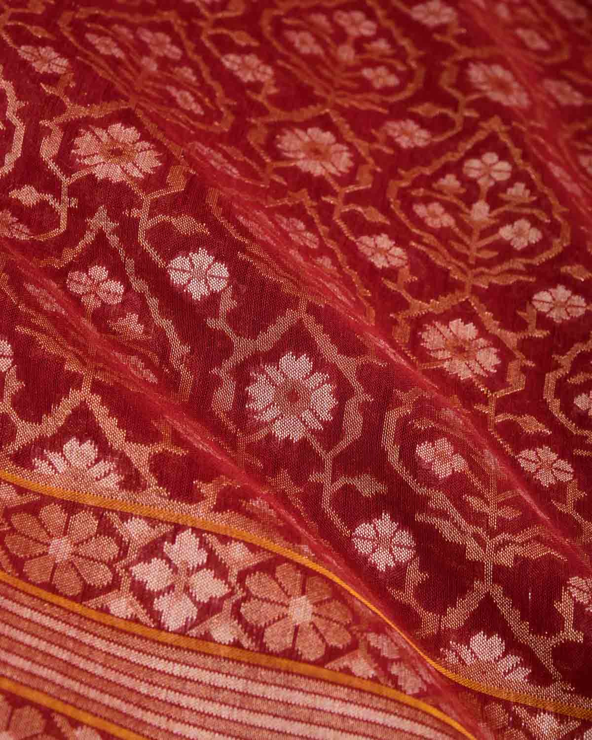 Maroon Rakhtambari Gold & Silver Zari Jaal Cutwork Brocade Handwoven Cotton Banarasi Saree with Koniya Buta-HolyWeaves