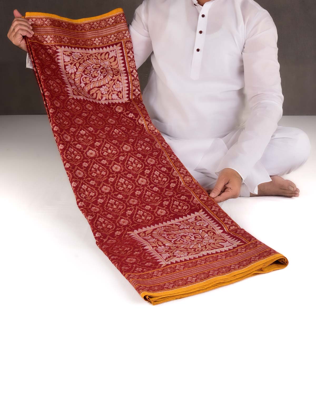 Maroon Rakhtambari Gold & Silver Zari Jaal Cutwork Brocade Handwoven Cotton Banarasi Saree with Koniya Buta-HolyWeaves
