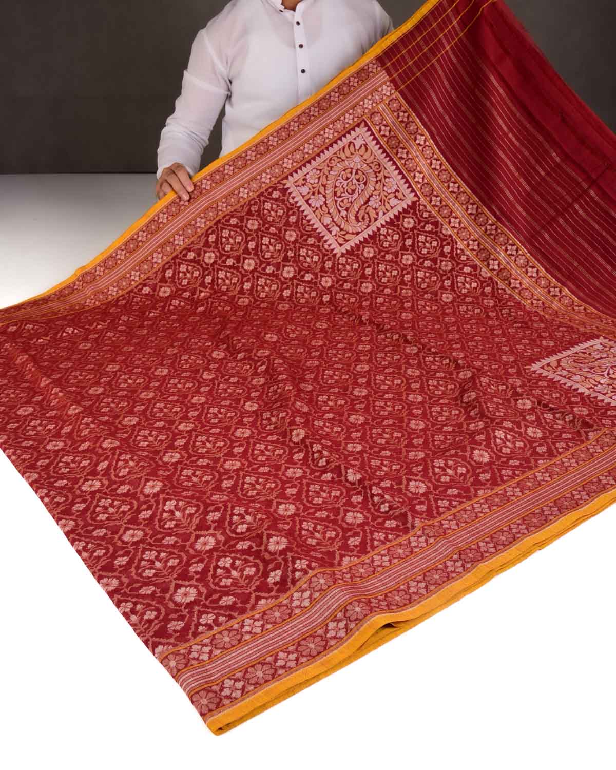 Maroon Rakhtambari Gold & Silver Zari Jaal Cutwork Brocade Handwoven Cotton Banarasi Saree with Koniya Buta-HolyWeaves