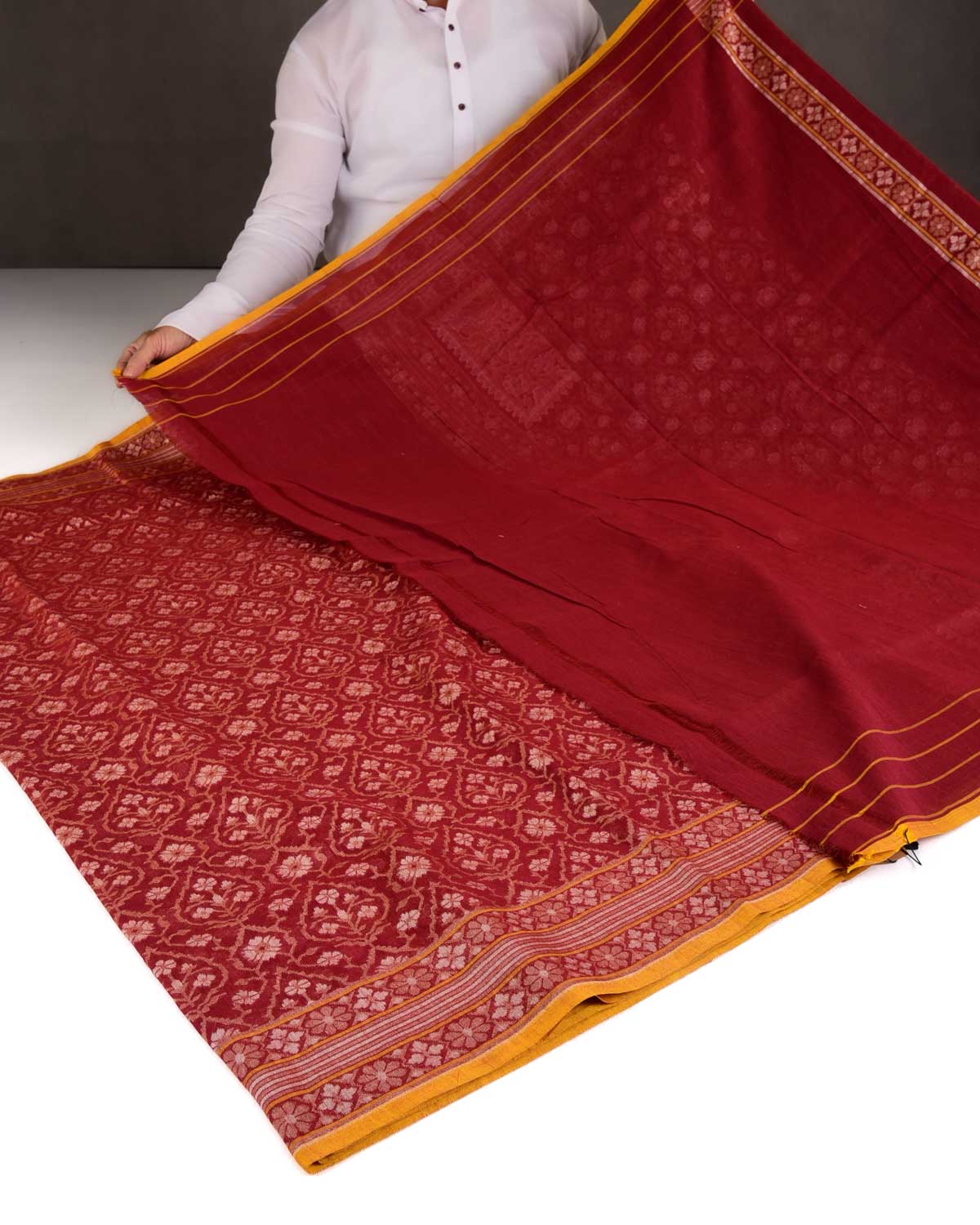Maroon Rakhtambari Gold & Silver Zari Jaal Cutwork Brocade Handwoven Cotton Banarasi Saree with Koniya Buta-HolyWeaves