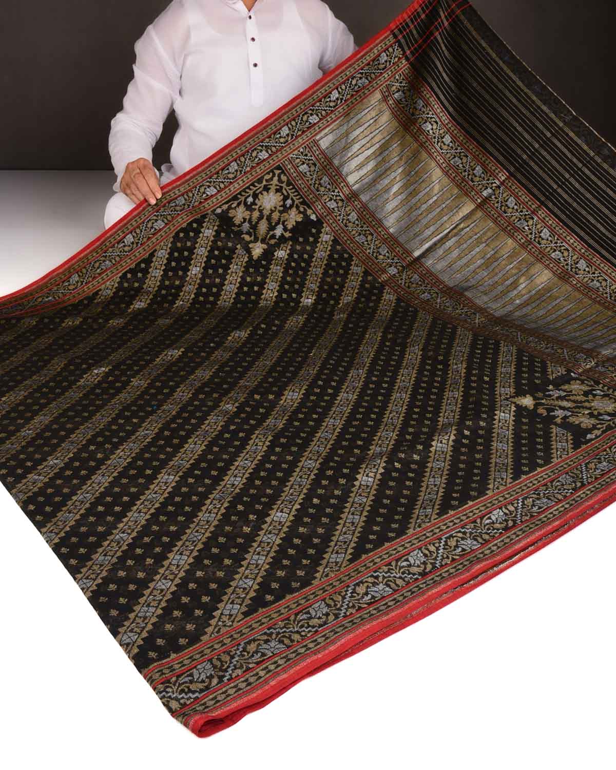 Black Krishnambari Gold & Silver Zari Diagonal Ornament Stripes Cutwork Brocade Handwoven Cotton Banarasi Saree with Koniya Buta-HolyWeaves