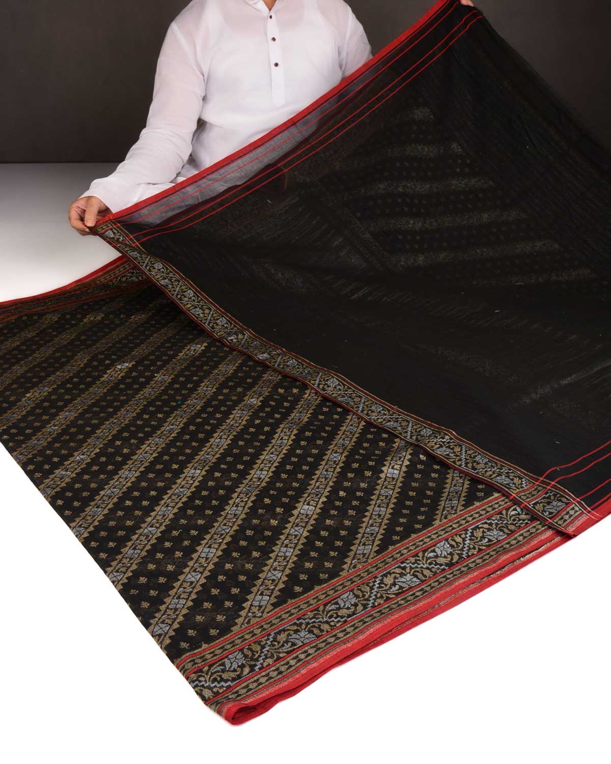 Black Krishnambari Gold & Silver Zari Diagonal Ornament Stripes Cutwork Brocade Handwoven Cotton Banarasi Saree with Koniya Buta-HolyWeaves