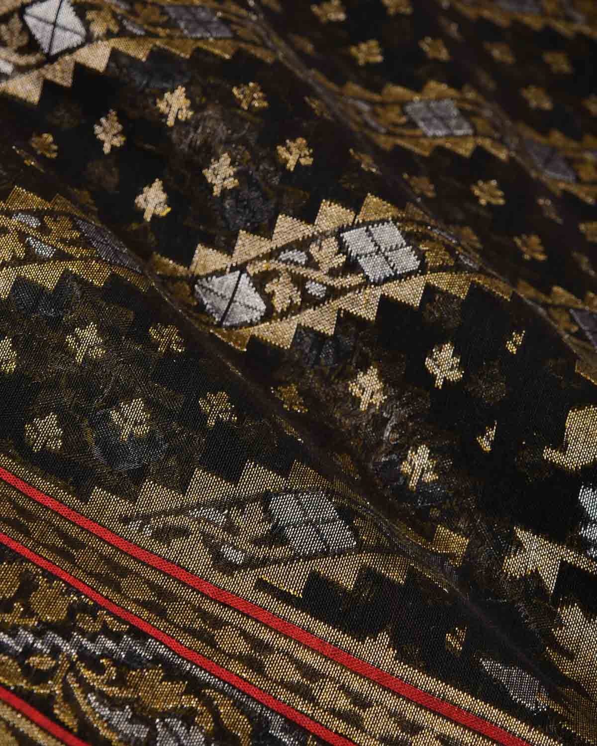 Black Krishnambari Gold & Silver Zari Diagonal Ornament Stripes Cutwork Brocade Handwoven Cotton Banarasi Saree with Koniya Buta-HolyWeaves