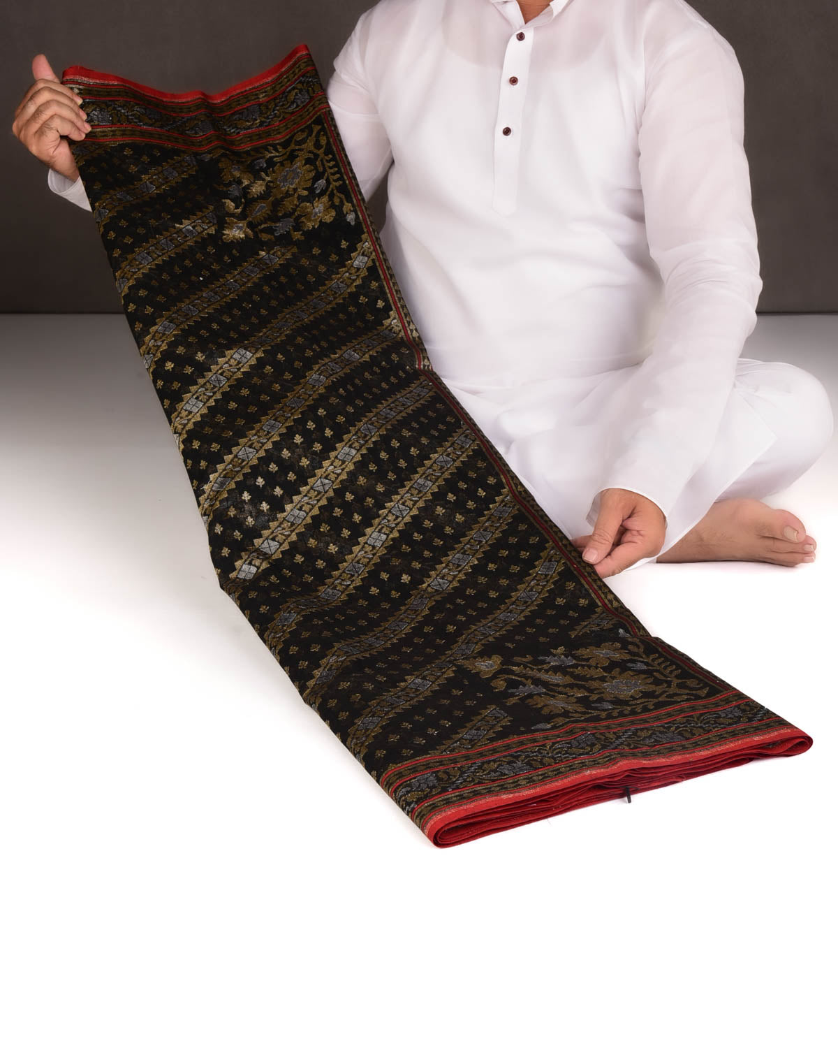 Black Krishnambari Gold & Silver Zari Diagonal Ornament Stripes Cutwork Brocade Handwoven Cotton Banarasi Saree with Koniya Buta-HolyWeaves