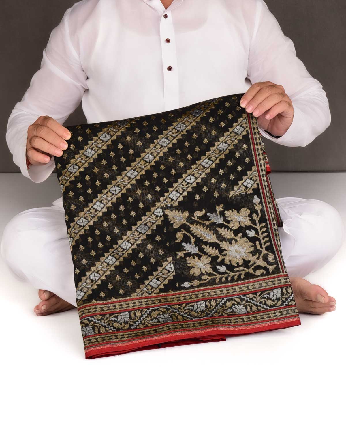 Black Krishnambari Gold & Silver Zari Diagonal Ornament Stripes Cutwork Brocade Handwoven Cotton Banarasi Saree with Koniya Buta-HolyWeaves