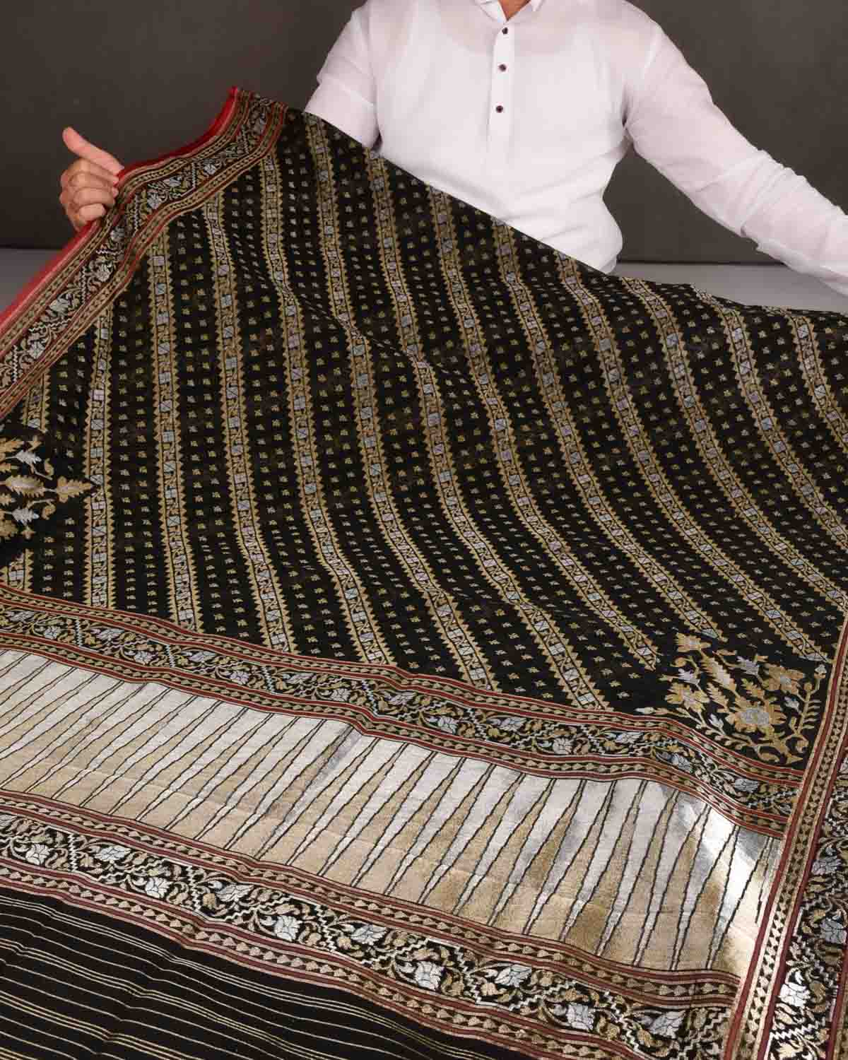 Black Krishnambari Gold & Silver Zari Diagonal Ornament Stripes Cutwork Brocade Handwoven Cotton Banarasi Saree with Koniya Buta-HolyWeaves