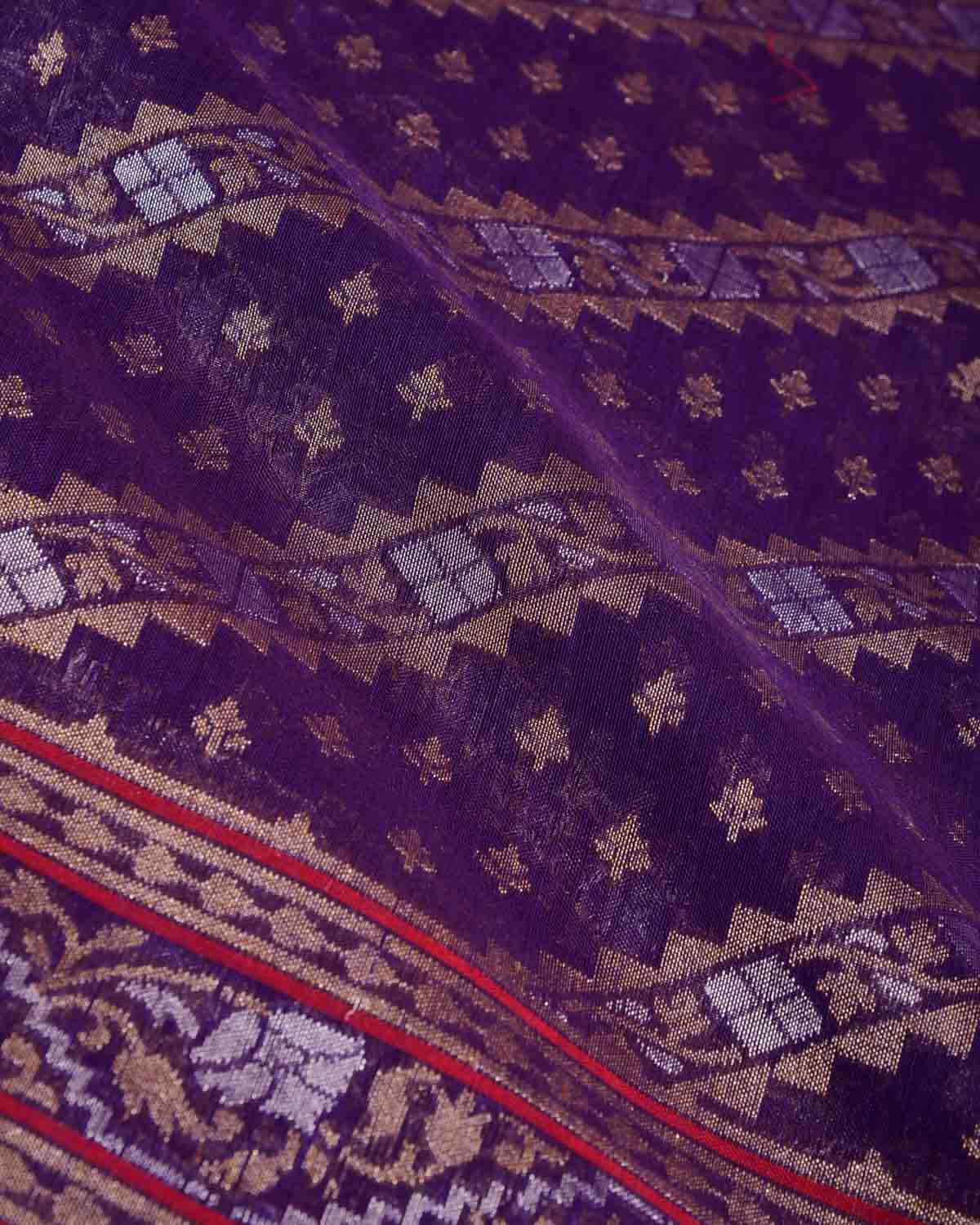 Purple Nilambari Gold & Silver Zari Diagonal Ornament Stripes Cutwork Brocade Handwoven Cotton Banarasi Saree with Koniya Buta