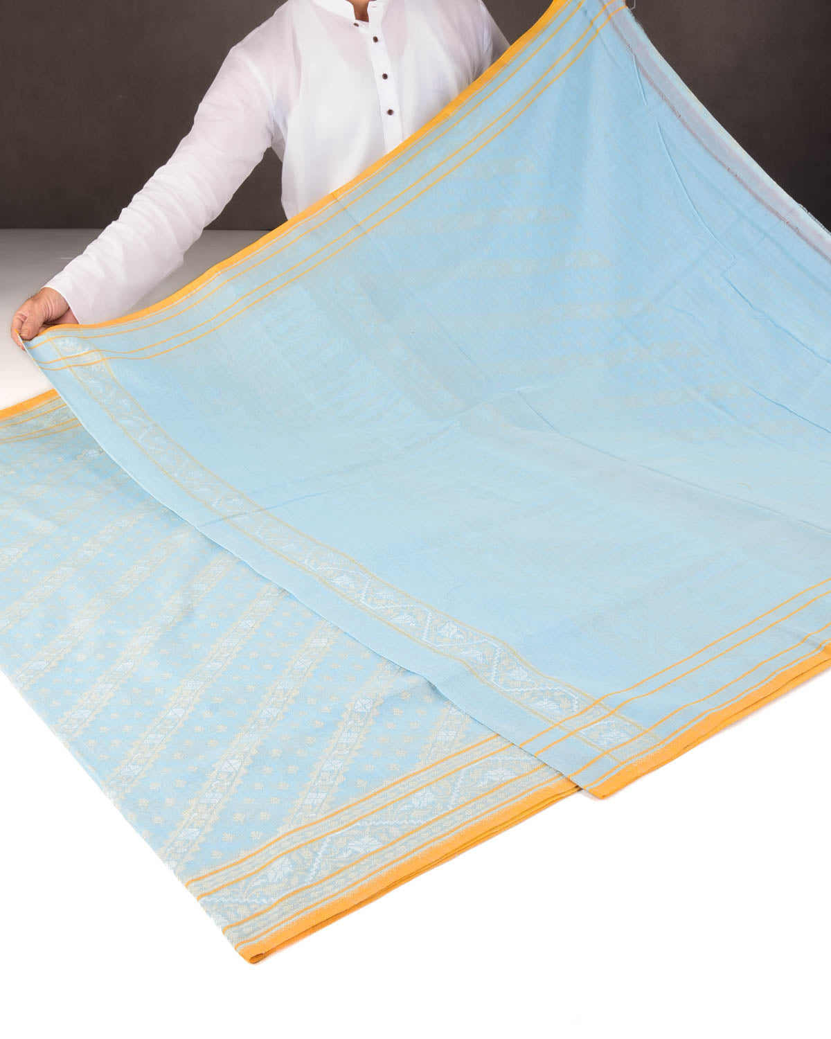 Powder Blue Nilambari Gold & Silver Zari Diagonal Ornament Stripes Cutwork Brocade Handwoven Cotton Banarasi Saree with Koniya Buta-HolyWeaves
