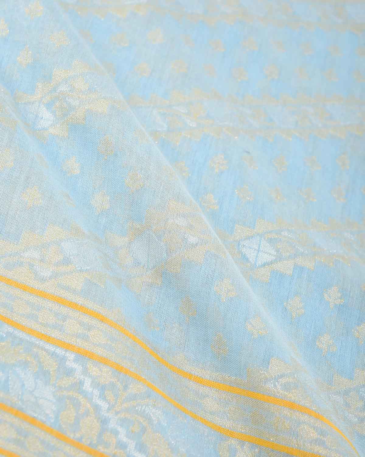 Powder Blue Nilambari Gold & Silver Zari Diagonal Ornament Stripes Cutwork Brocade Handwoven Cotton Banarasi Saree with Koniya Buta-HolyWeaves