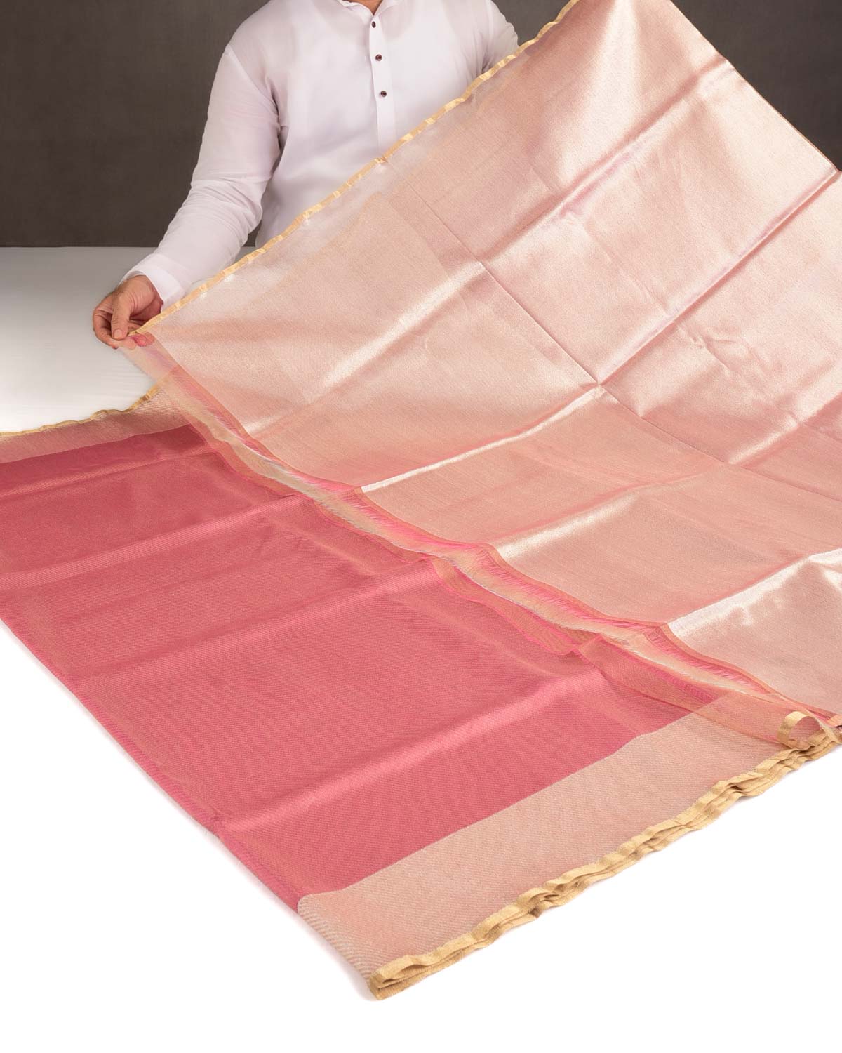Metallic Garnet Drill Brocade Handwoven Net Tissue Banarasi Saree with Silver Zari Border Pallu-HolyWeaves