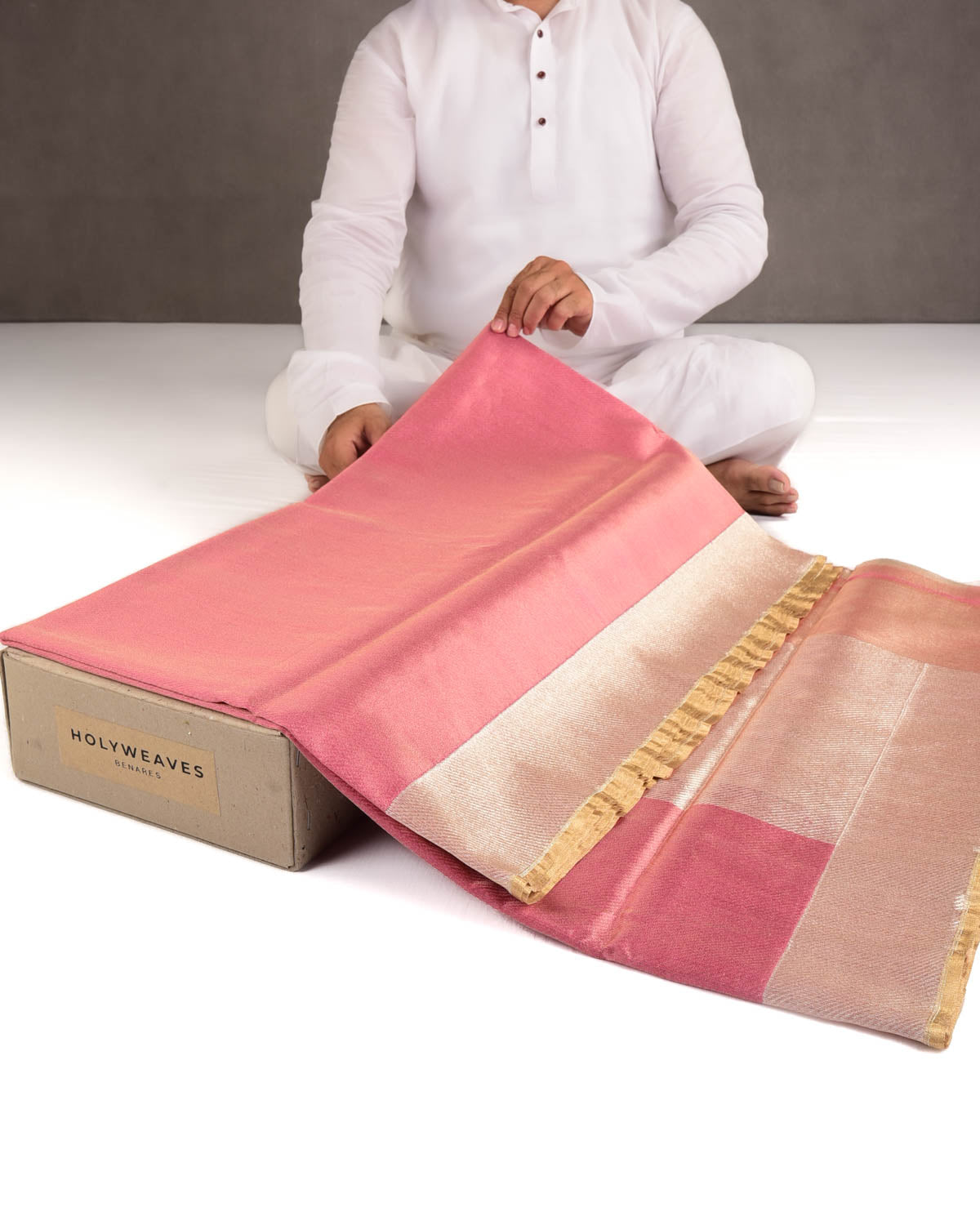 Metallic Garnet Drill Brocade Handwoven Net Tissue Banarasi Saree with Silver Zari Border Pallu-HolyWeaves