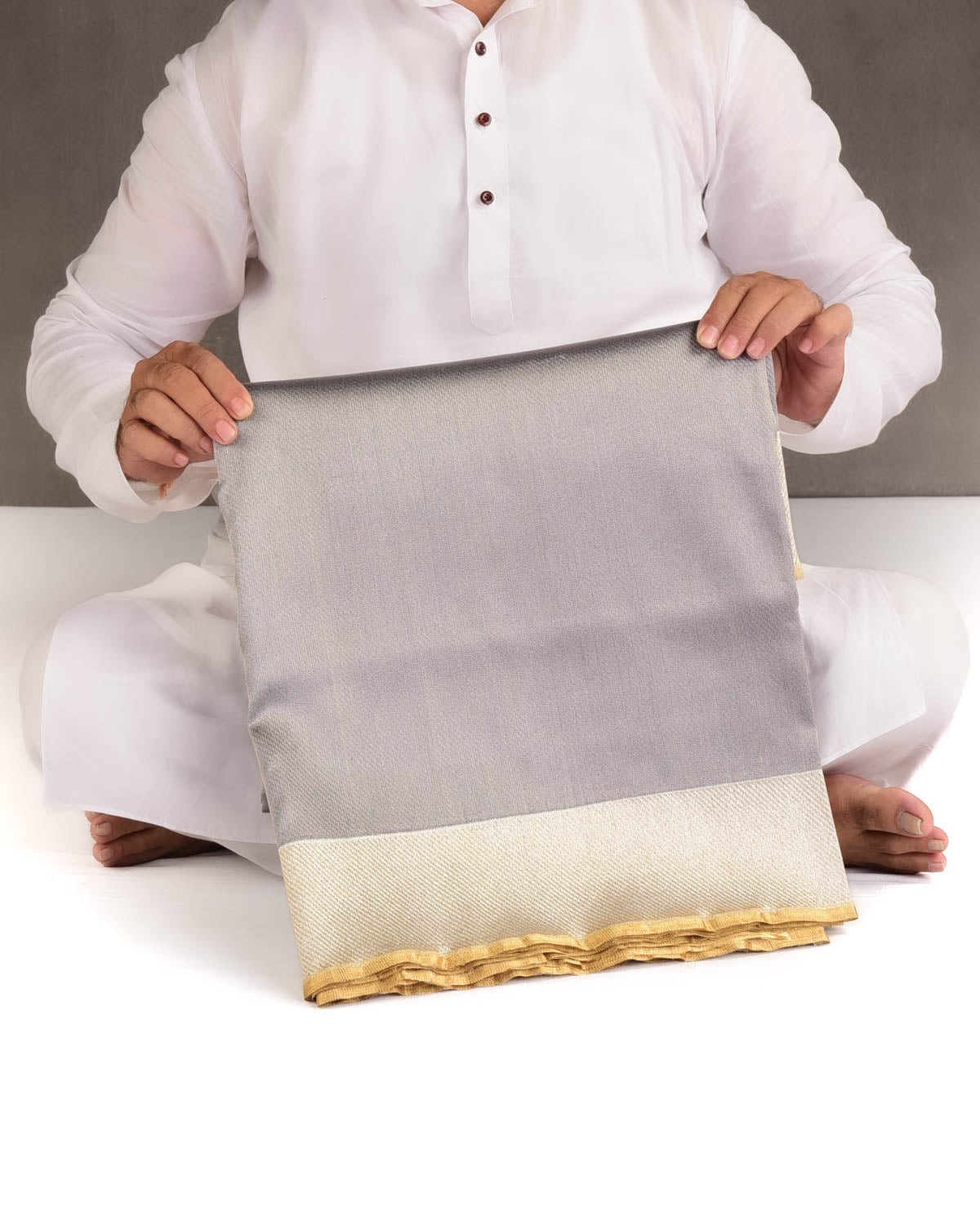 Metallic Gray Drill Brocade Handwoven Net Tissue Banarasi Saree with Silver Zari Border Pallu-HolyWeaves