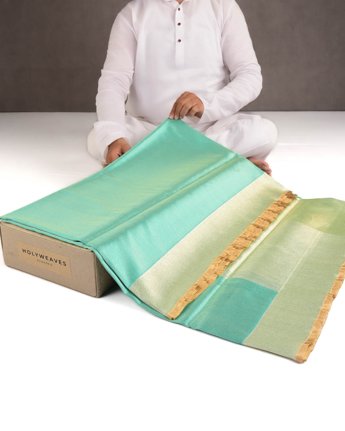 Metallic Paris Green Drill Brocade Handwoven Net Tissue Banarasi Saree with Silver Zari Border Pallu-HolyWeaves