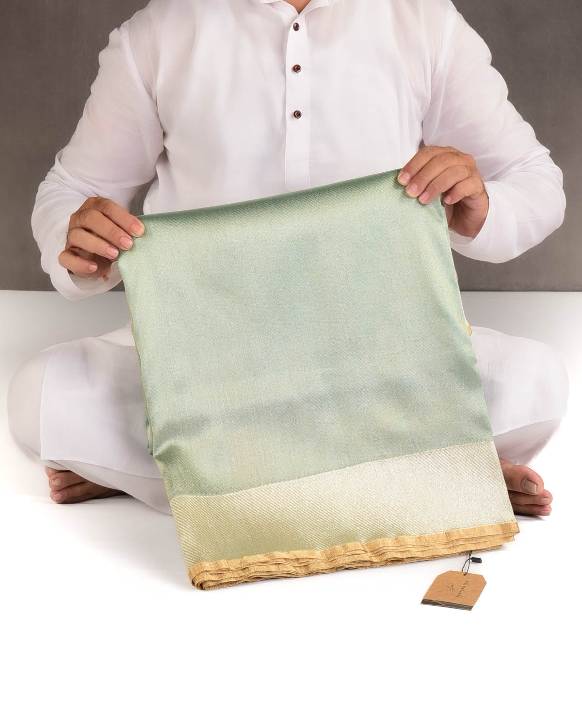 Metallic Gray-Green Drill Brocade Handwoven Net Tissue Banarasi Saree with Silver Zari Border Pallu-HolyWeaves