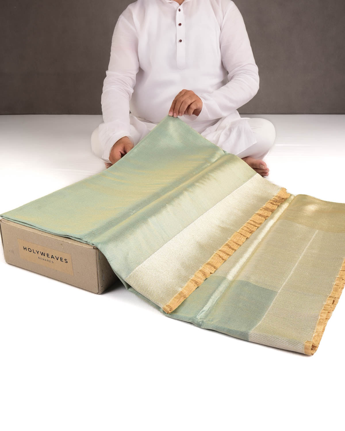 Metallic Gray-Green Drill Brocade Handwoven Net Tissue Banarasi Saree with Silver Zari Border Pallu-HolyWeaves