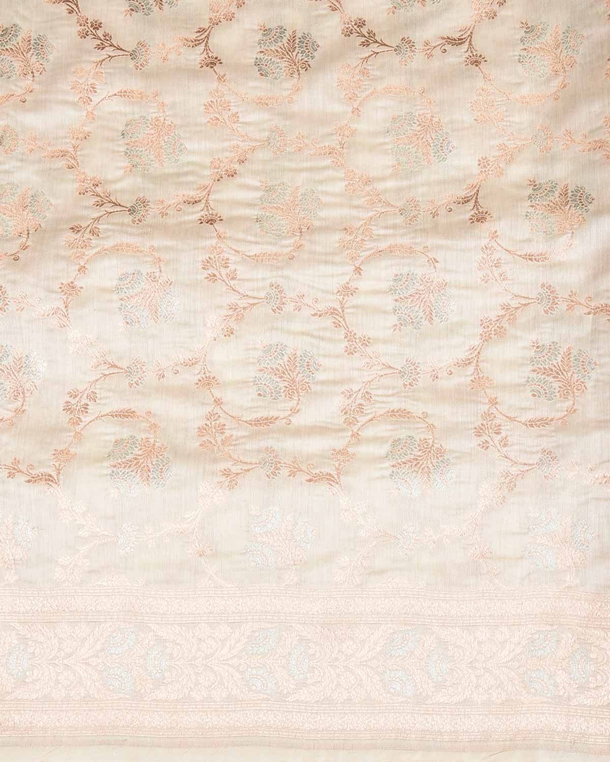 Ivory White Gold & Silver Zari & Meenekari Classic Jangla Cutwork Brocade Woven Spun Silk Banarasi Saree