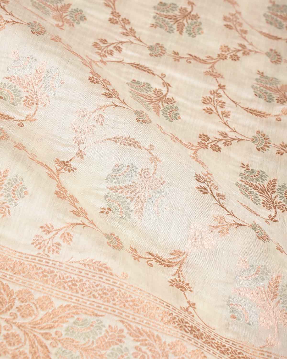 Ivory White Gold & Silver Zari & Meenekari Classic Jangla Cutwork Brocade Woven Spun Silk Banarasi Saree