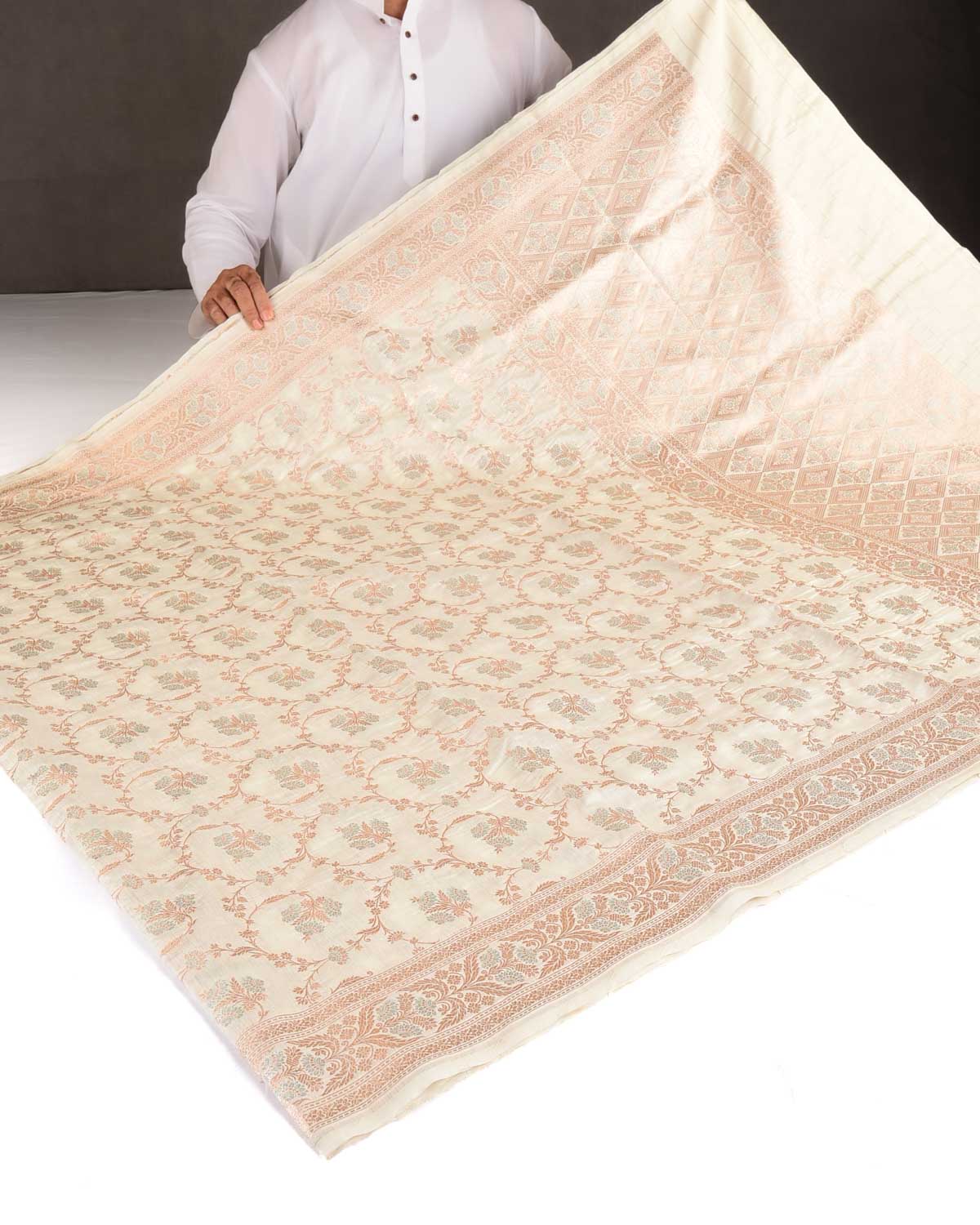 Ivory White Gold & Silver Zari & Meenekari Classic Jangla Cutwork Brocade Woven Spun Silk Banarasi Saree