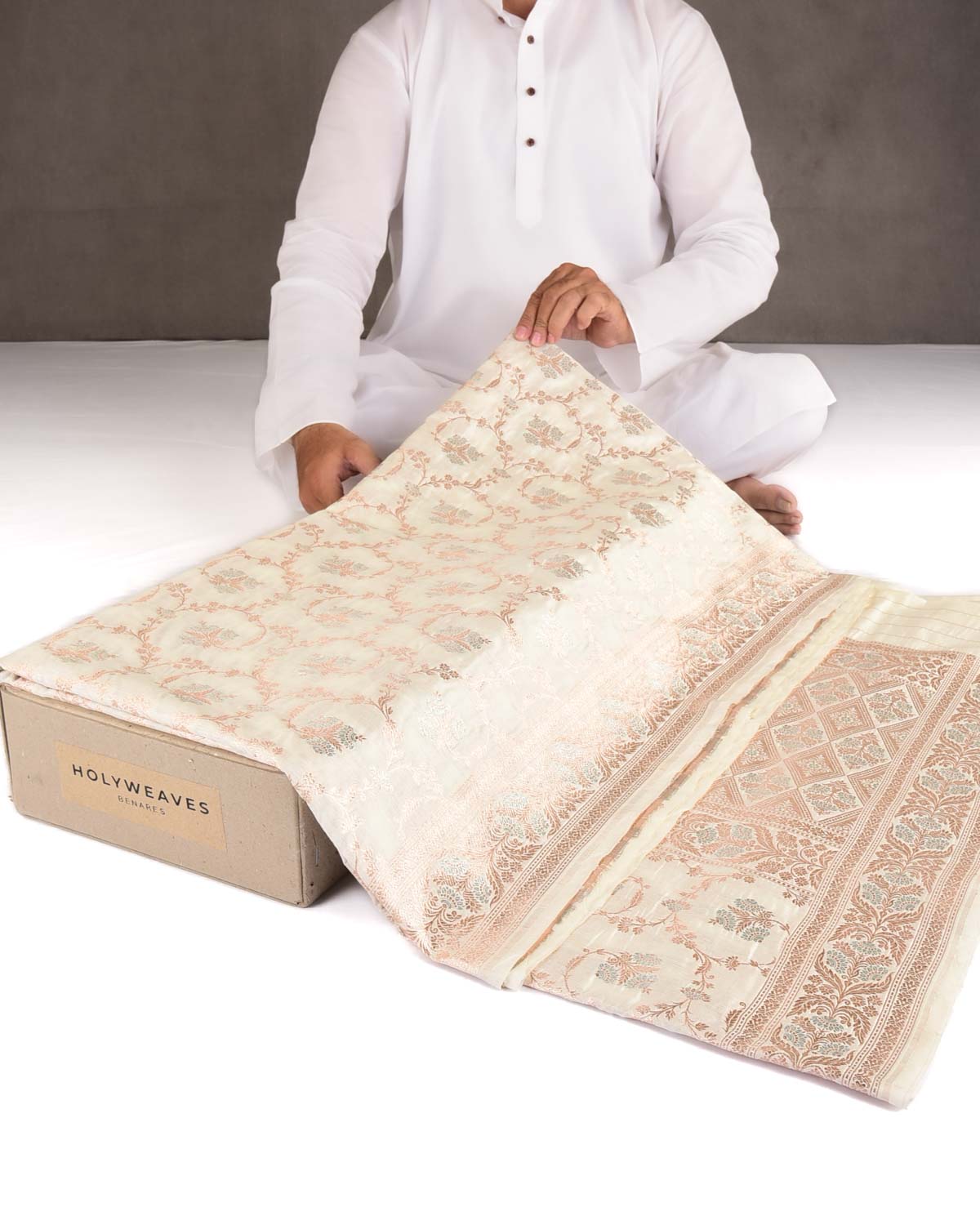 Ivory White Gold & Silver Zari & Meenekari Classic Jangla Cutwork Brocade Woven Spun Silk Banarasi Saree