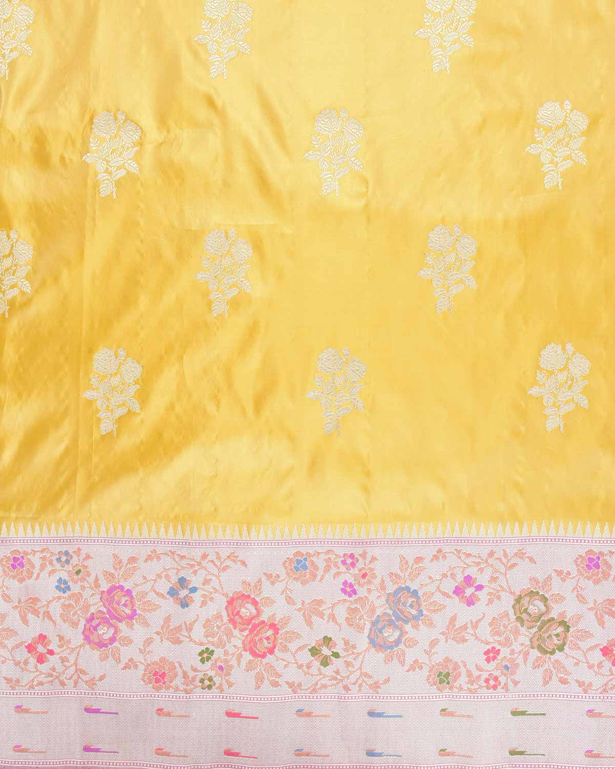 Metallic Yellow Silver Zari Buta Kadhuan Brocade Handwoven Katan Tissue Banarasi Saree with Meenekari Border-HolyWeaves