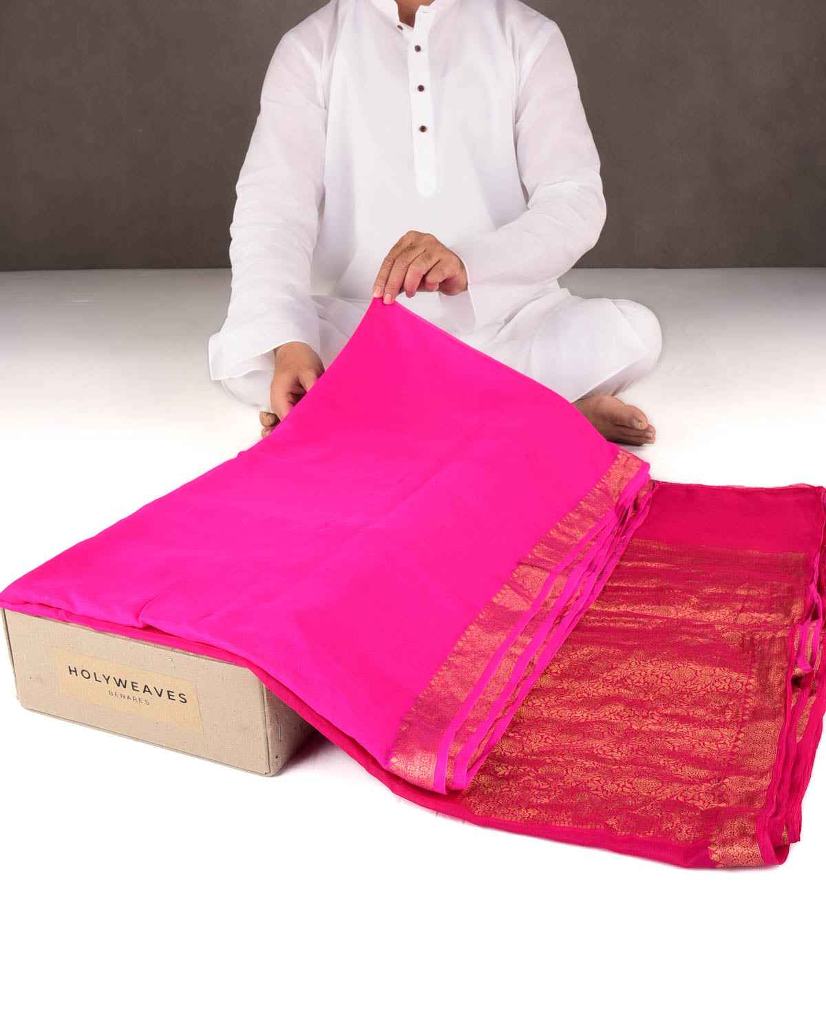 Ombre Fuchsia Pink Gold Zari Border Pallu Brocade Woven Khaddi Georgette Banarasi Saree-HolyWeaves