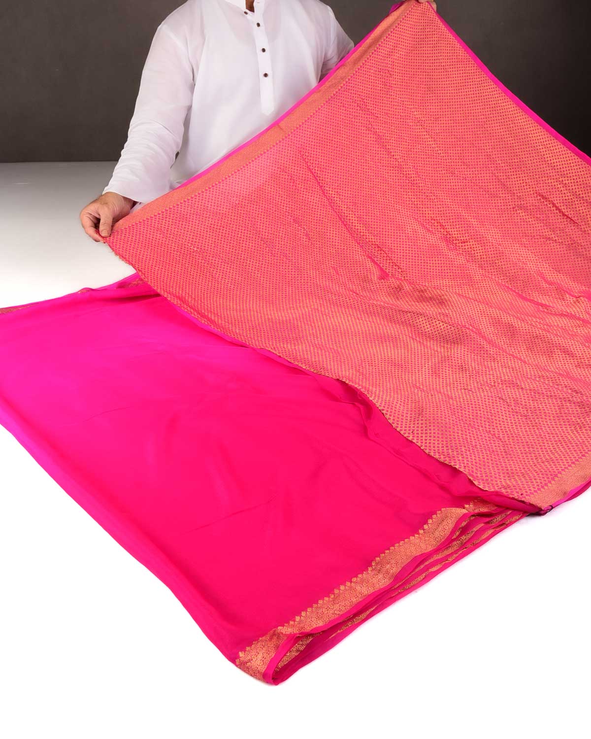 Ombre Fuchsia Pink Gold Zari Border Pallu Brocade Woven Khaddi Georgette Banarasi Saree-HolyWeaves