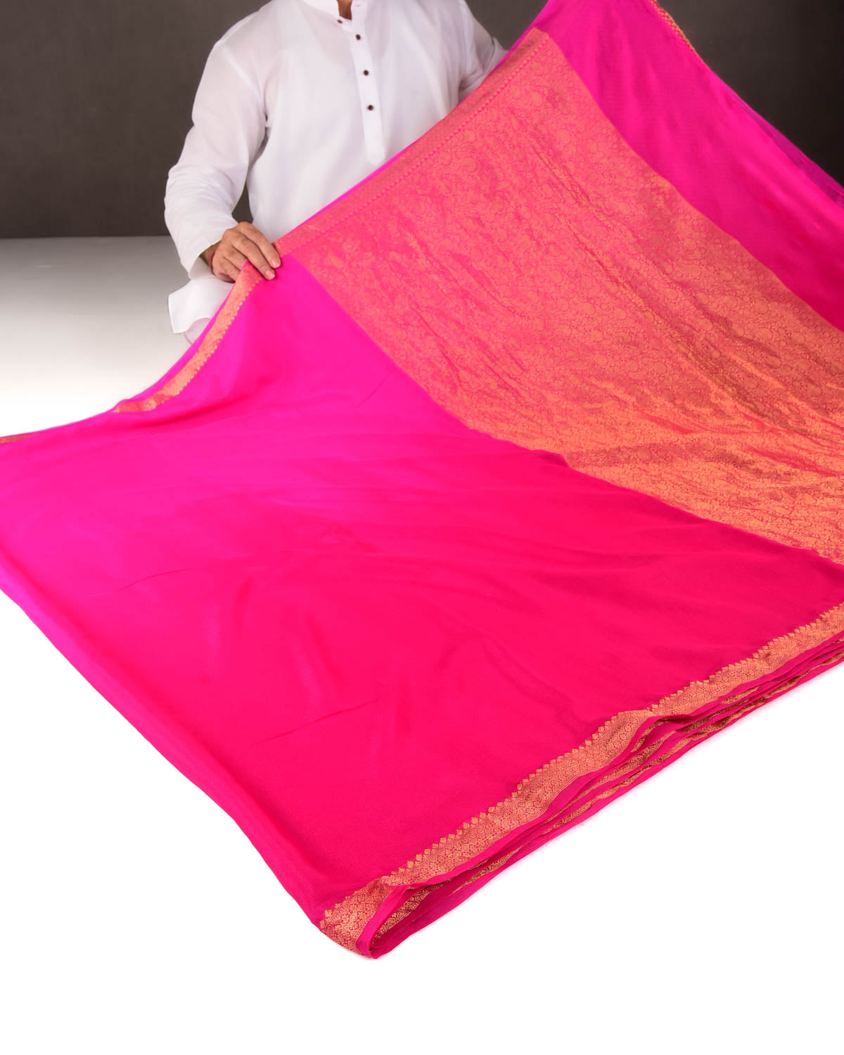 Ombre Fuchsia Pink Gold Zari Border Pallu Brocade Woven Khaddi Georgette Banarasi Saree-HolyWeaves
