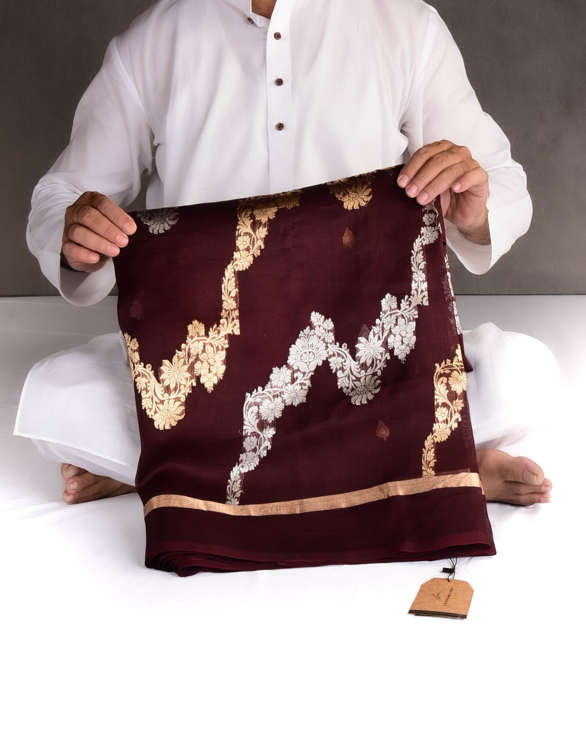 Mahogany Gold & Silver Zari Bel Kadhuan Brocade Handwoven Kora Silk Banarasi Saree