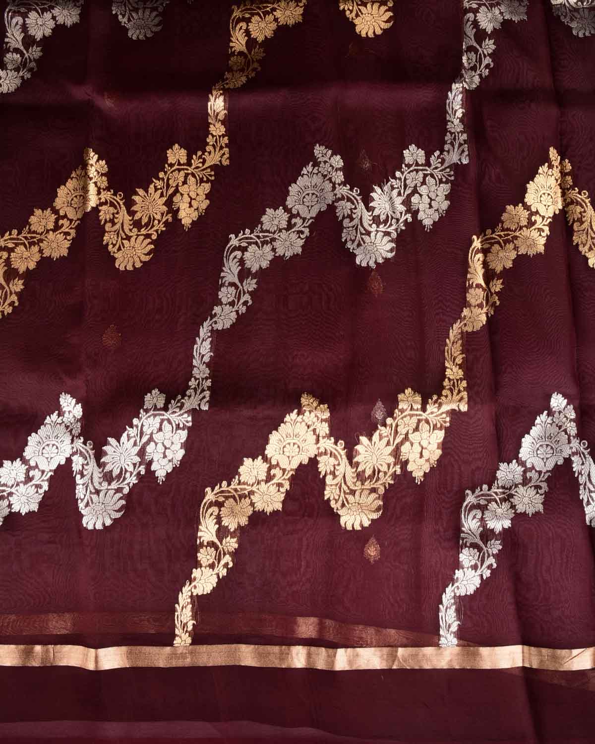 Mahogany Gold & Silver Zari Bel Kadhuan Brocade Handwoven Kora Silk Banarasi Saree