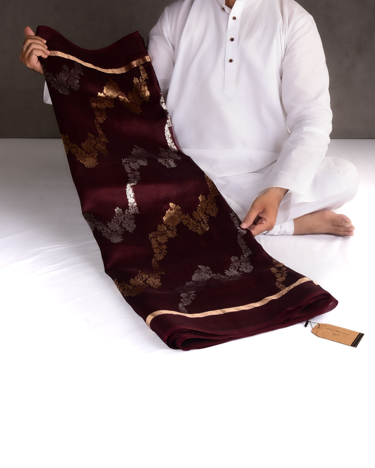 Mahogany Gold & Silver Zari Bel Kadhuan Brocade Handwoven Kora Silk Banarasi Saree
