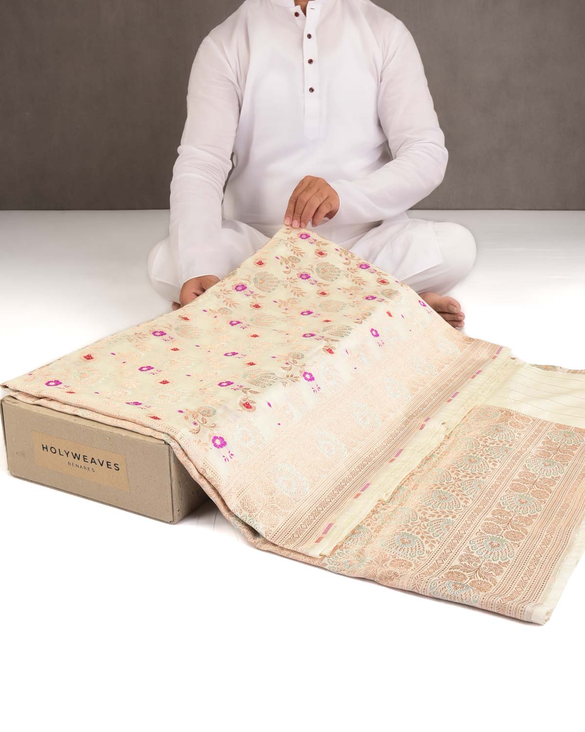 Ivory White Gold & Silver Zari & Meenekari Floral Jaal Cutwork Brocade Handwoven Spun Silk Banarasi Saree-HolyWeaves