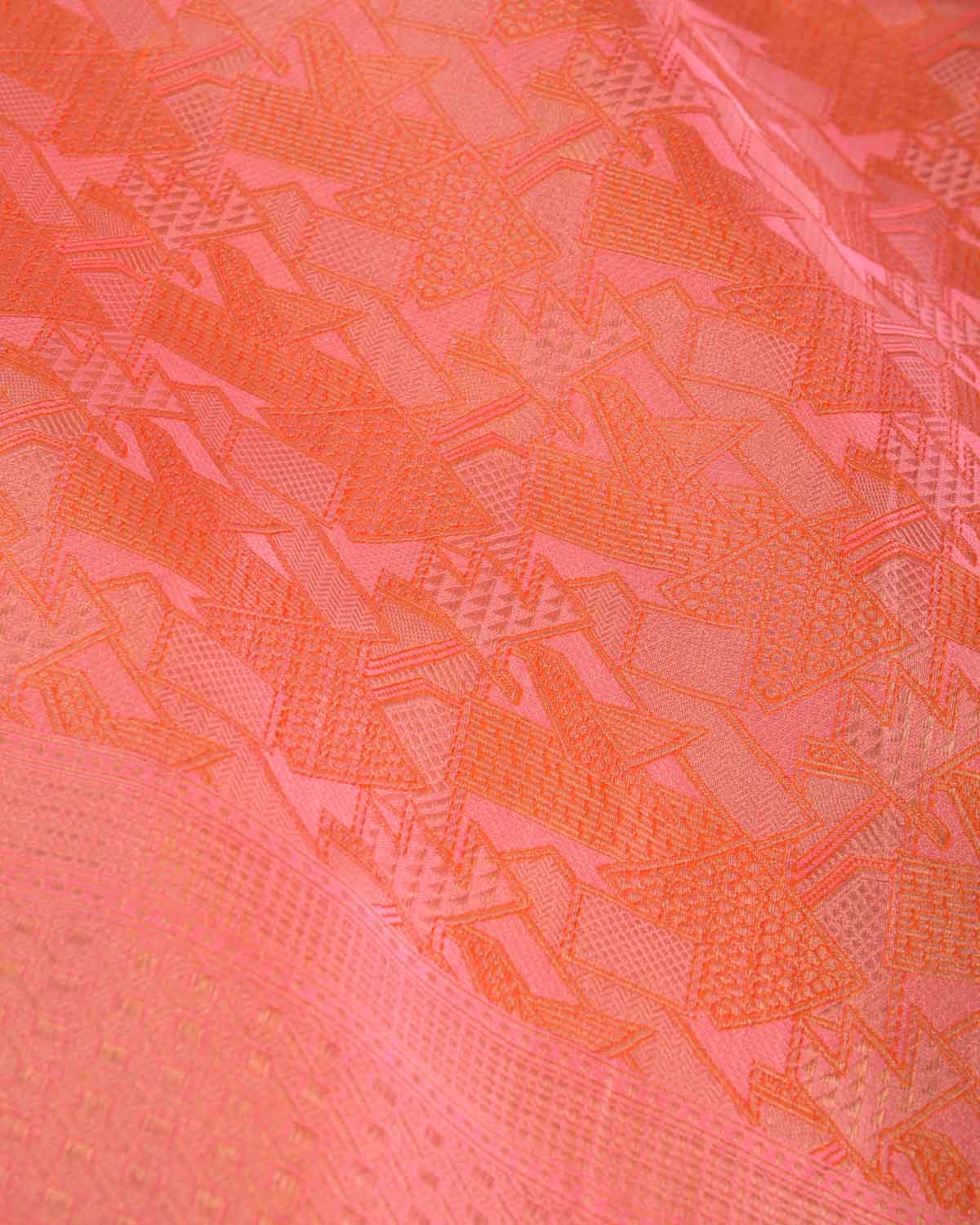 Shot Peach Gold Zari Geometric Brocade Handwoven Katan Silk Banarasi Saree with Rani Pink Blouse-HolyWeaves