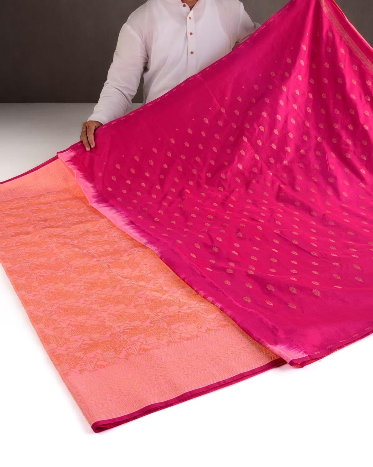 Shot Peach Gold Zari Geometric Brocade Handwoven Katan Silk Banarasi Saree with Rani Pink Blouse-HolyWeaves