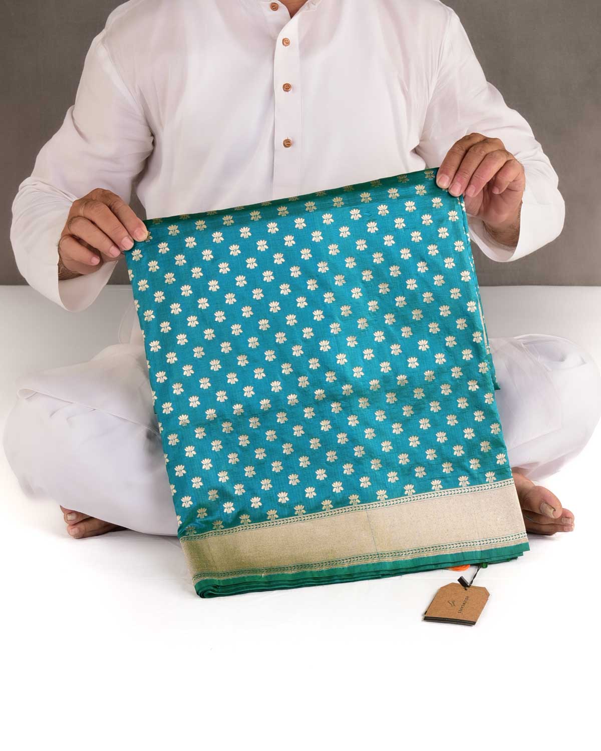 Shot Blue-Green Gold Zari Kamal Buti Cutwork Brocade Handwoven Katan Silk Banarasi Saree-HolyWeaves