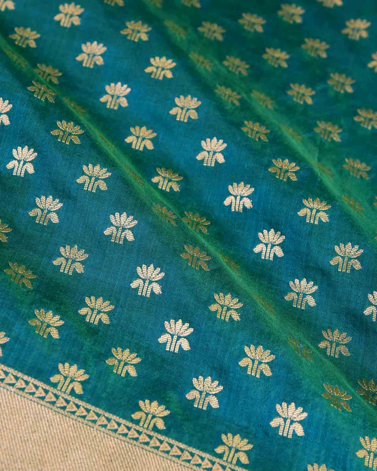 Shot Blue-Green Gold Zari Kamal Buti Cutwork Brocade Handwoven Katan Silk Banarasi Saree-HolyWeaves