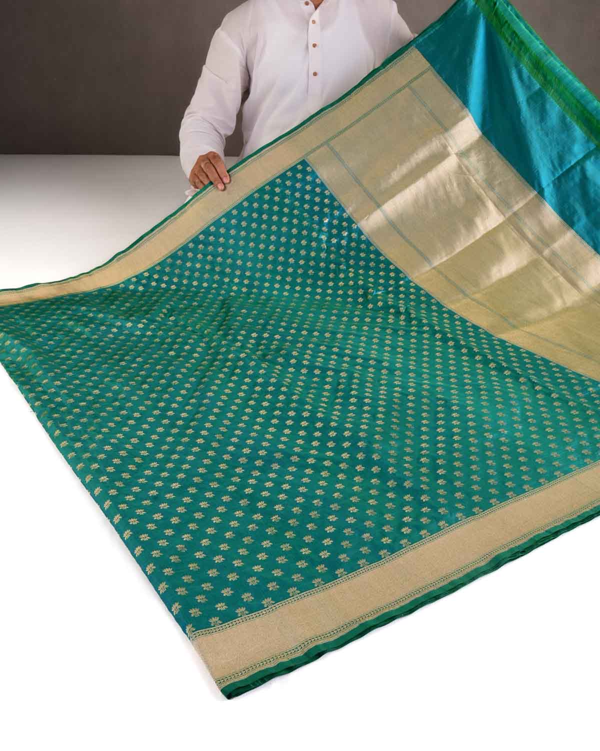 Shot Blue-Green Gold Zari Kamal Buti Cutwork Brocade Handwoven Katan Silk Banarasi Saree-HolyWeaves